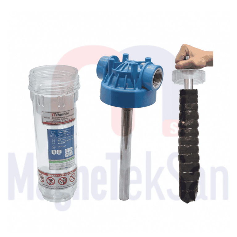 Şeffaf gövdeli manyetik filtre kabı içinde manyetik çubuk ile metal partikül tutma sistemi
