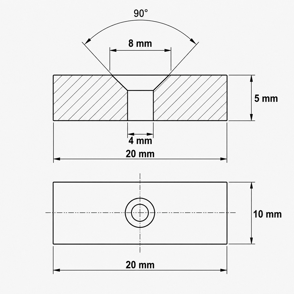 Alüminyum Profil Makine Kapakları İçin 20×10×5 mm N35 Havşa Delikli Neodyum Mıknatıs