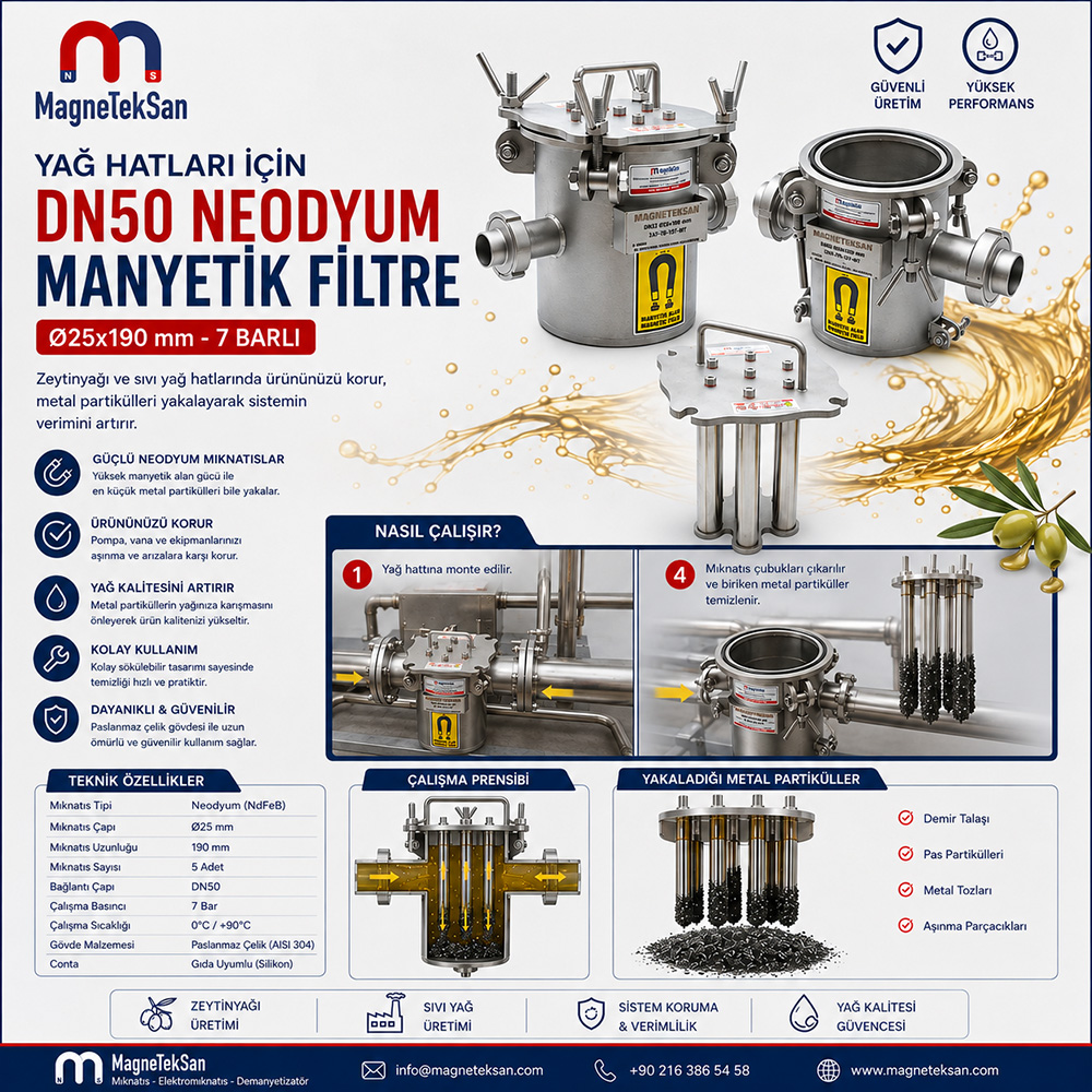 Zeytinyağı Üretim Hattı İçin 2" 7 Barlı Neodyum Manyetik Filtre - DN50 Mıknatıs Filtre