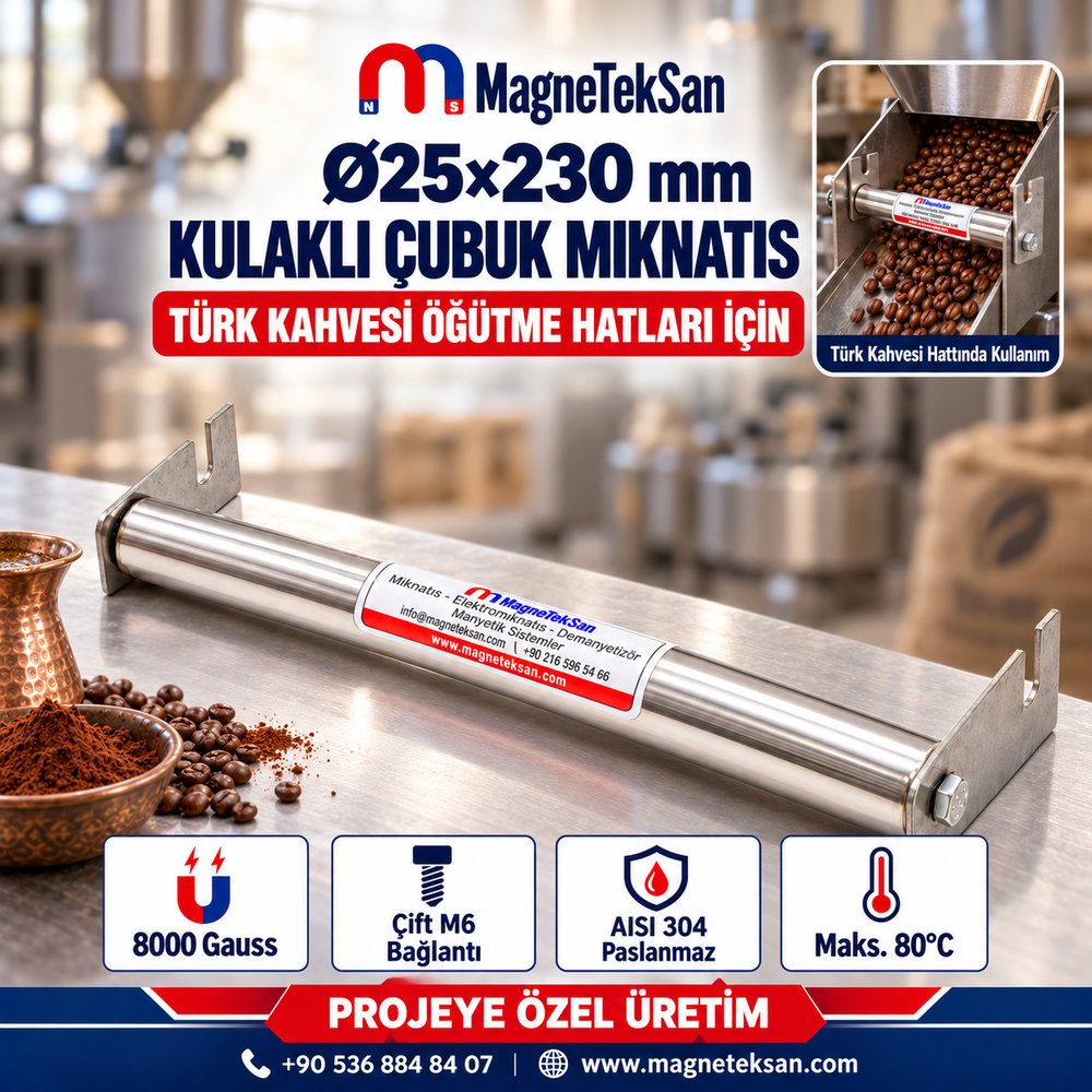 Ø25x230 mm kulaklı neodyum çubuk mıknatıs afişi: 8000 Gauss, çift M6 bağlantı, Türk kahvesi öğütme hattında kullanım