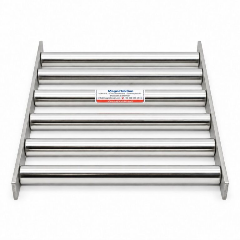 280x400 mm neodyum elek mıknatıs, buğday irmiği üretim hattı için, 6 adet Ø25 mm paslanmaz çubuk, üstten görünüm