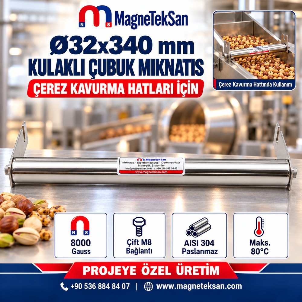 Ø32x340 mm kulaklı neodyum çubuk mıknatıs afişi: 8000 Gauss, çift M8 bağlantı, çerez kavurma hattında kullanım