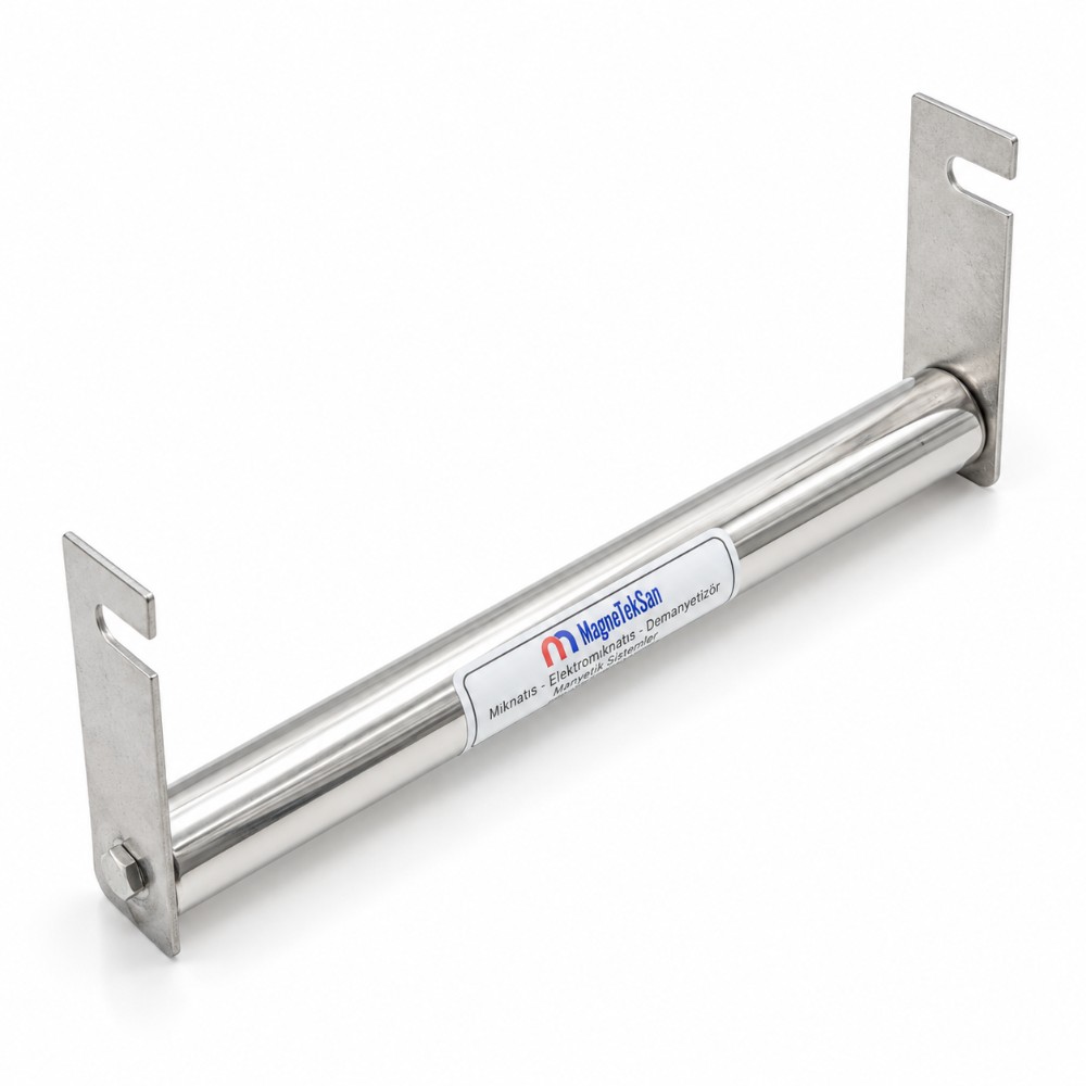 Ø25x230 mm kulaklı paslanmaz çelik gövdeli neodyum çubuk mıknatıs, etiketli görünüm