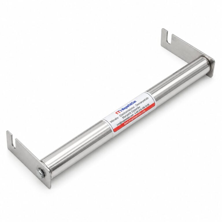 Ø25x320 mm kulaklı neodyum çubuk mıknatıs, kahve çekirdeği kavurma hattı için, iki ucunda montaj kulakları