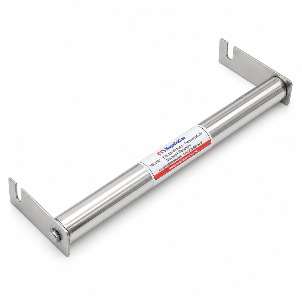Ø25x320 mm kulaklı neodyum çubuk mıknatıs, kahve çekirdeği kavurma hattı için, iki ucunda montaj kulakları