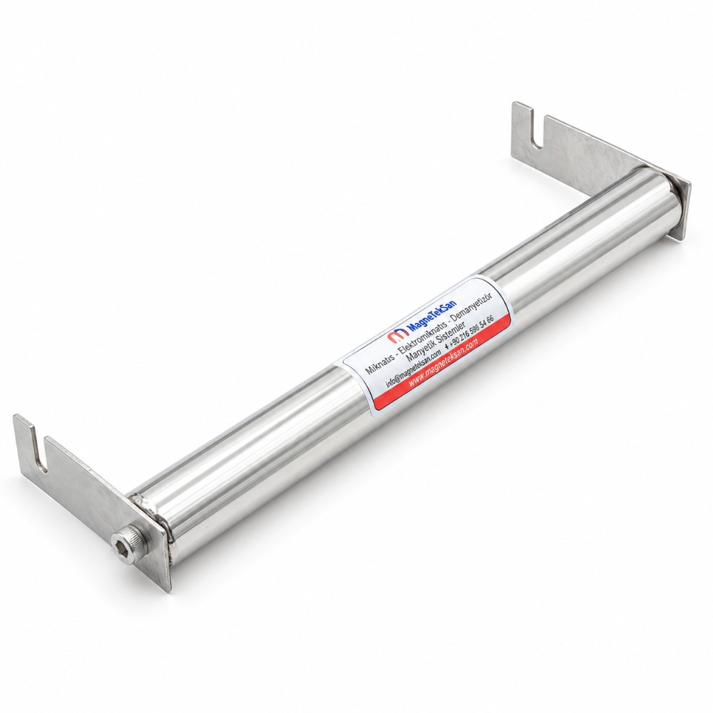 Ø32x340 mm kulaklı neodyum çubuk mıknatıs, çerez kavurma hattı için, iki ucunda montaj kulakları