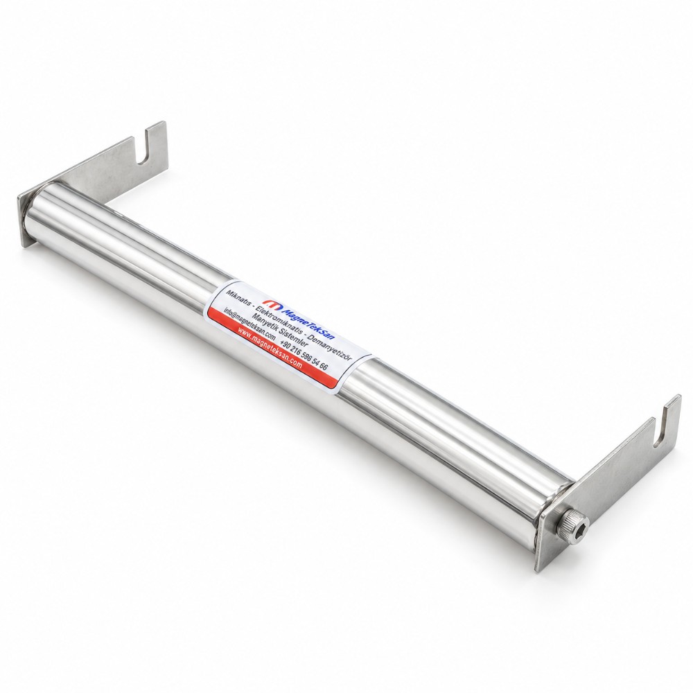 Ø32x340 mm kulaklı neodyum çubuk mıknatıs, M8 cıvatalı kulak bağlantısı